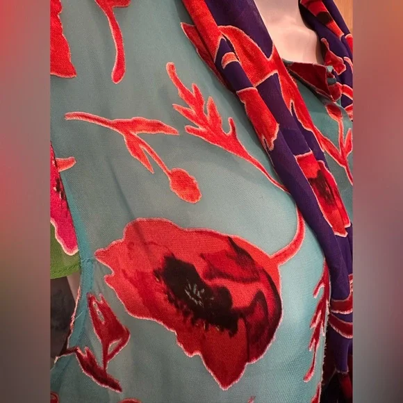 NWT ALICE + OLIVIA Sheer Floral Poppy Garden BlueBird Blouse with Neck Tie - Picture 9 of 16